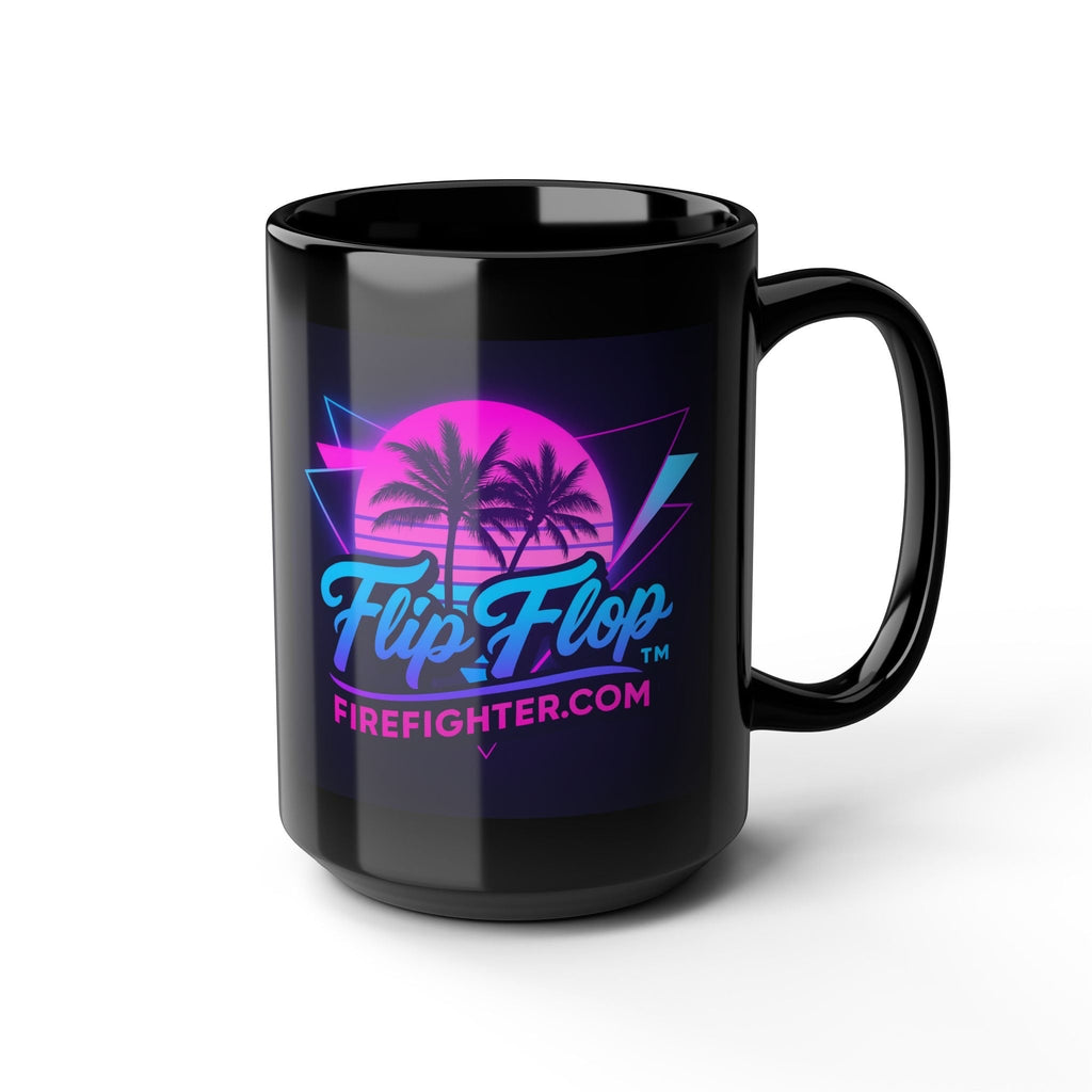 Flip Flop Firefighter black ceramic mug with a vibrant neon retro palm tree and sunset graphic design