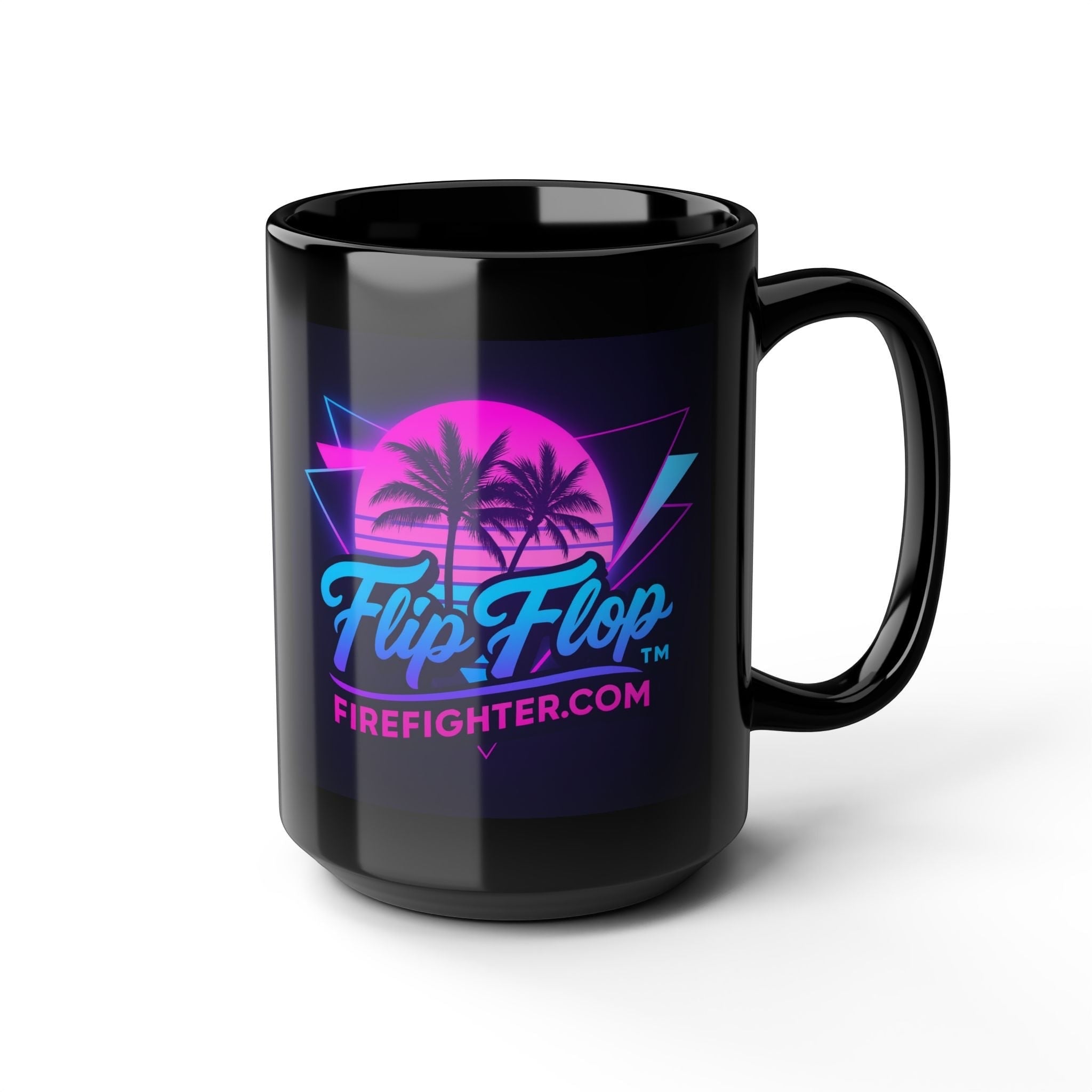 Flip Flop Firefighter black ceramic mug with a vibrant neon retro palm tree and sunset graphic design