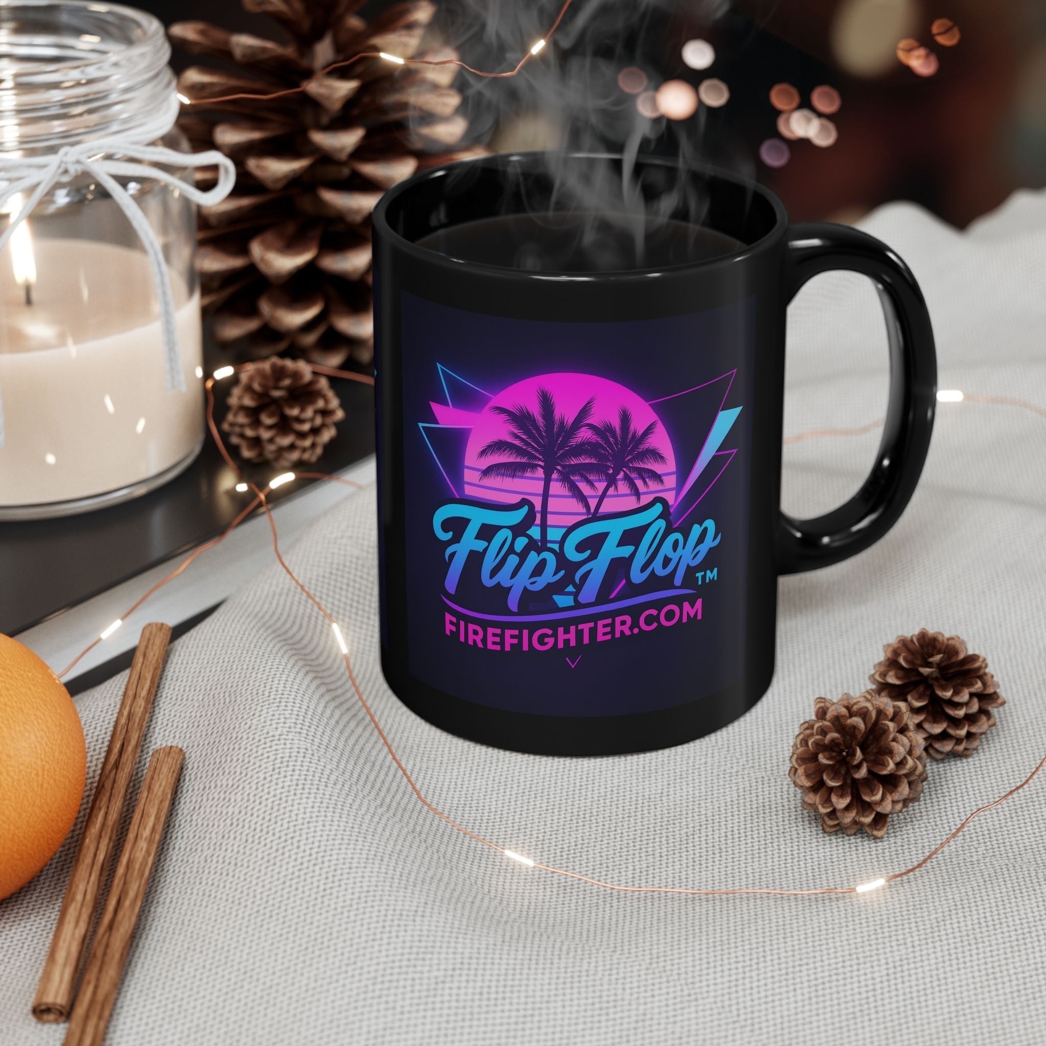 Flip Flop Firefighter black ceramic mug with neon Miami retro palm tree print on a cozy table setting.
