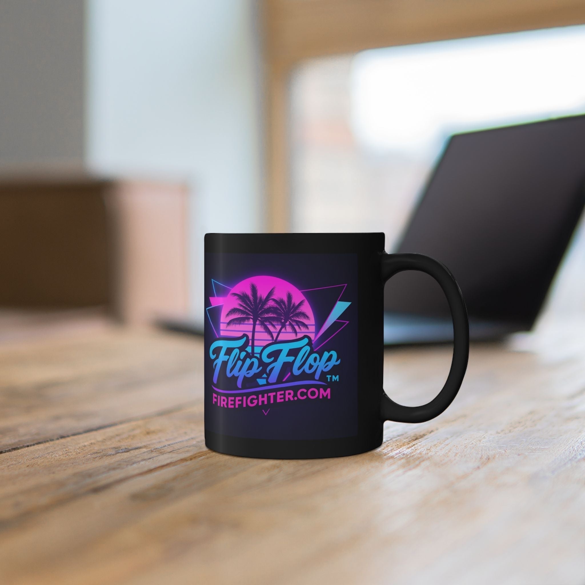 Flip Flop Firefighter black ceramic coffee mug with a vibrant neon Miami retro palm tree sunset graphic design.