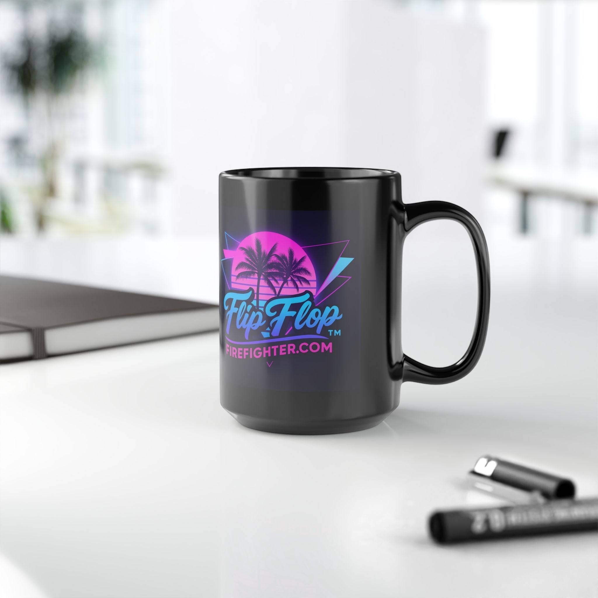 Flip Flop Firefighter black ceramic coffee mug with neon Miami retro palm tree design on a white desk