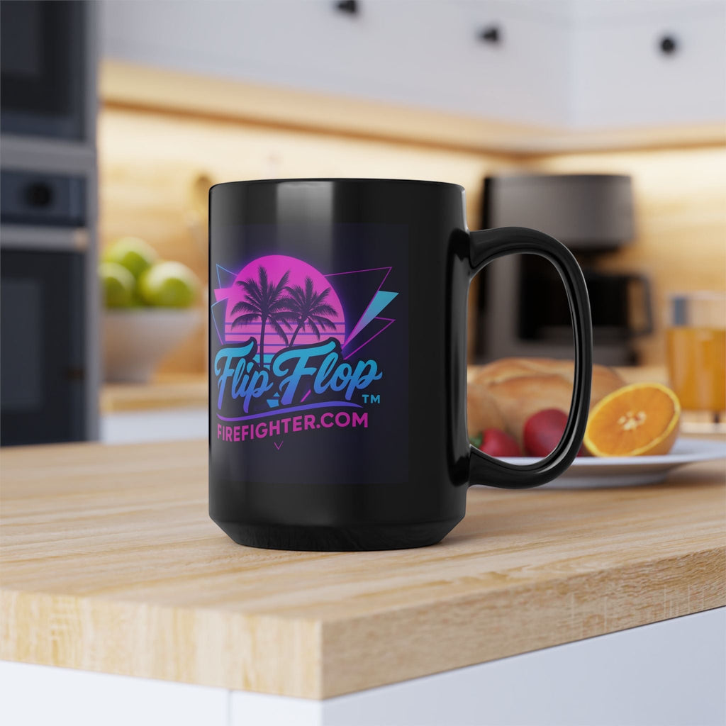 Flip Flop Firefighter black ceramic coffee mug with a vibrant neon Miami retro palm tree graphic on a kitchen counter.