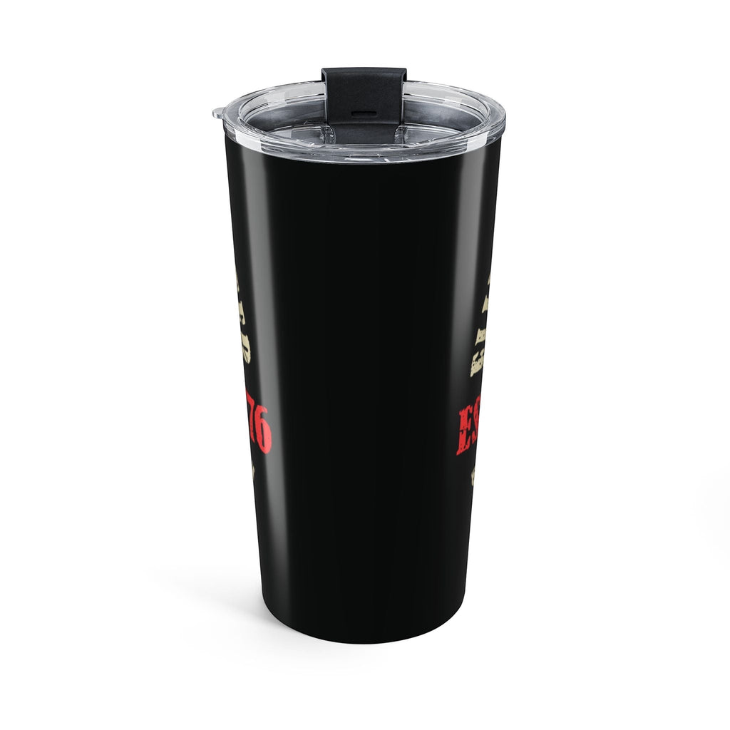 Flip Flop Firefighter 20oz black stainless steel travel mug with America 250 vintage firefighter badge design