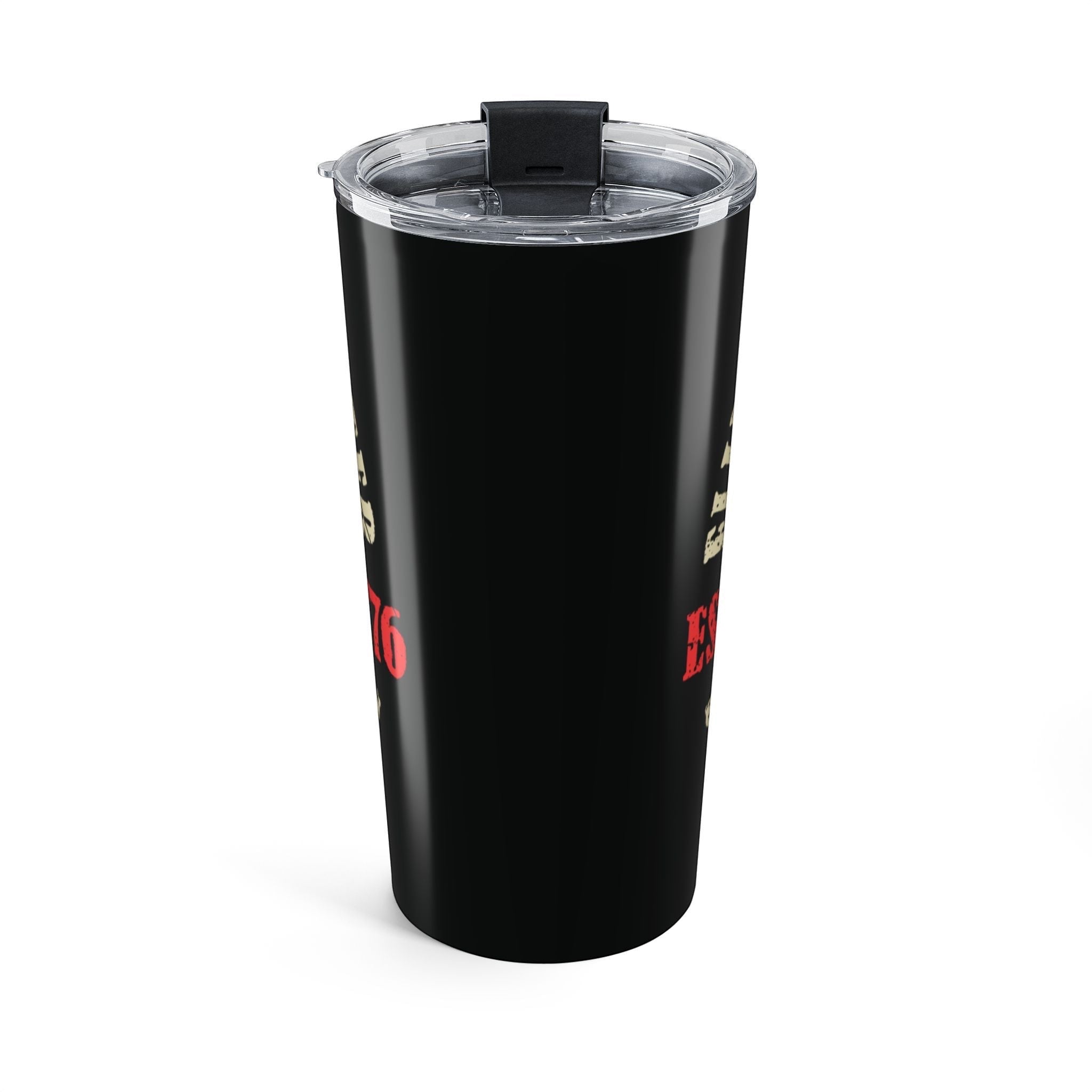 Flip Flop Firefighter 20oz black stainless steel travel mug with America 250 vintage firefighter badge design