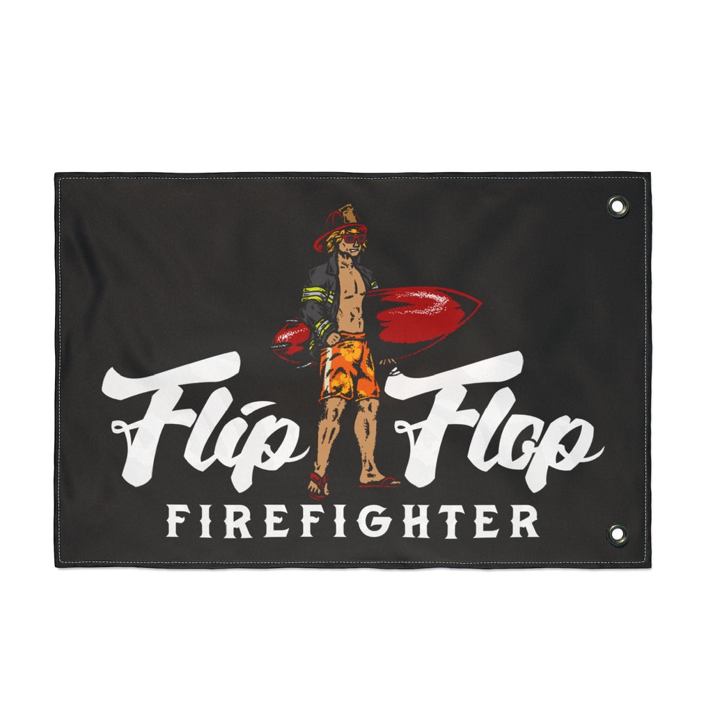 Flip Flop Firefighter black polyester surfer flag with double-sided graphic print and reinforced metal grommets.