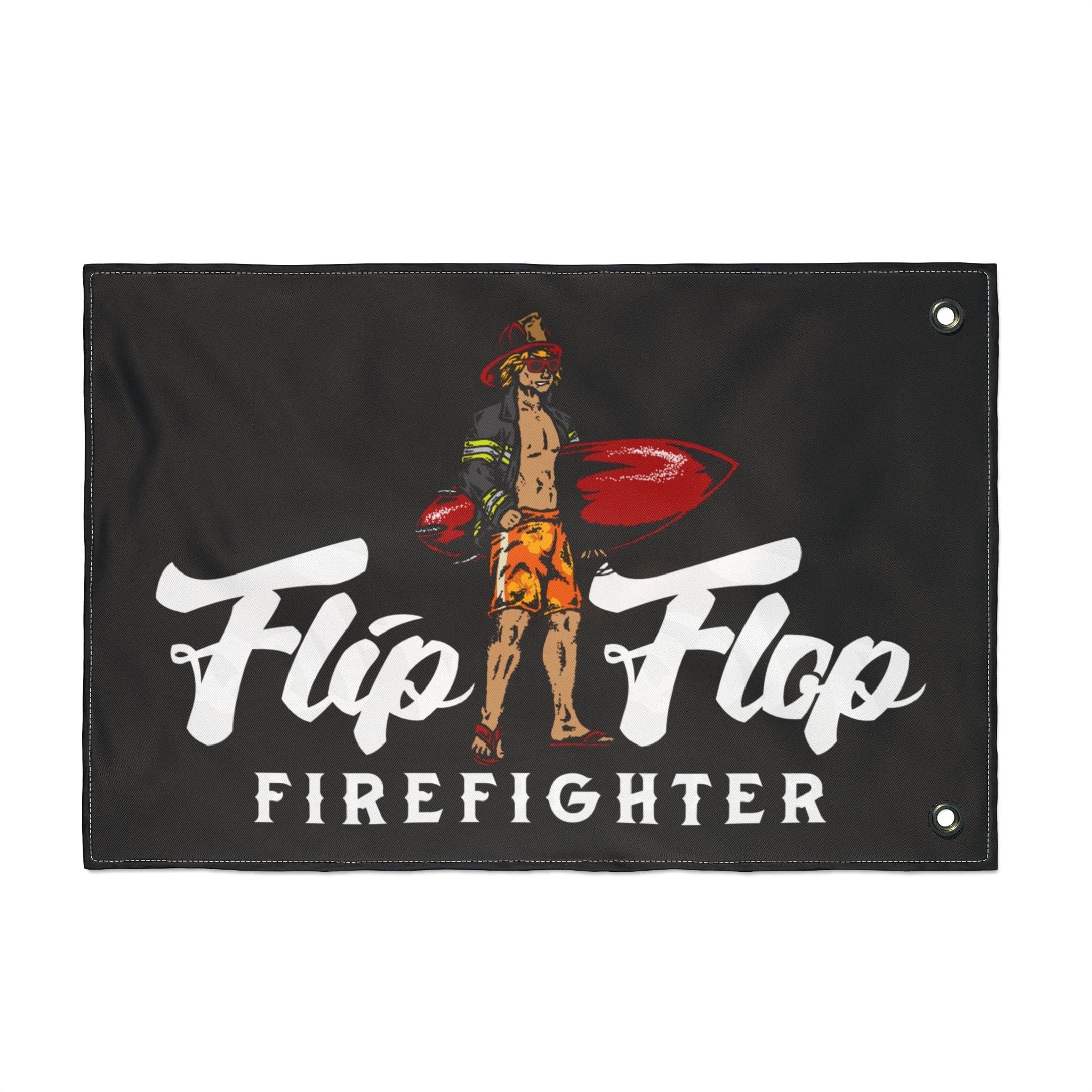 Flip Flop Firefighter black polyester surfer flag with double-sided graphic print and reinforced metal grommets.
