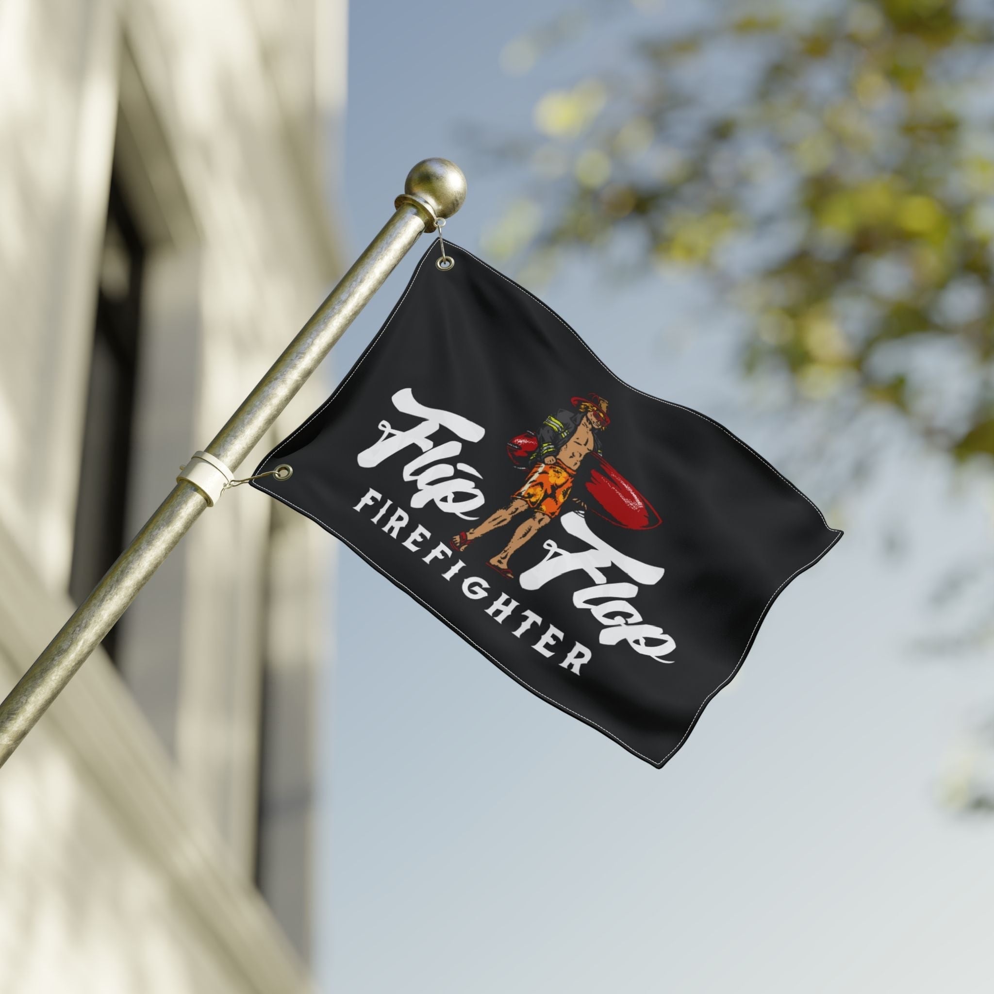 Flip Flop Firefighter black polyester surfer flag with double-sided graphic print hanging on a metal pole outdoors