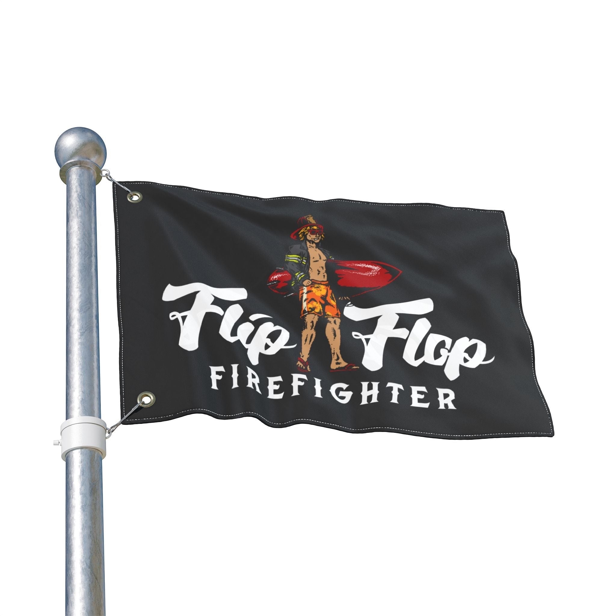 Flip Flop Firefighter black polyester surfer flag with double-sided graphic on a metal flagpole