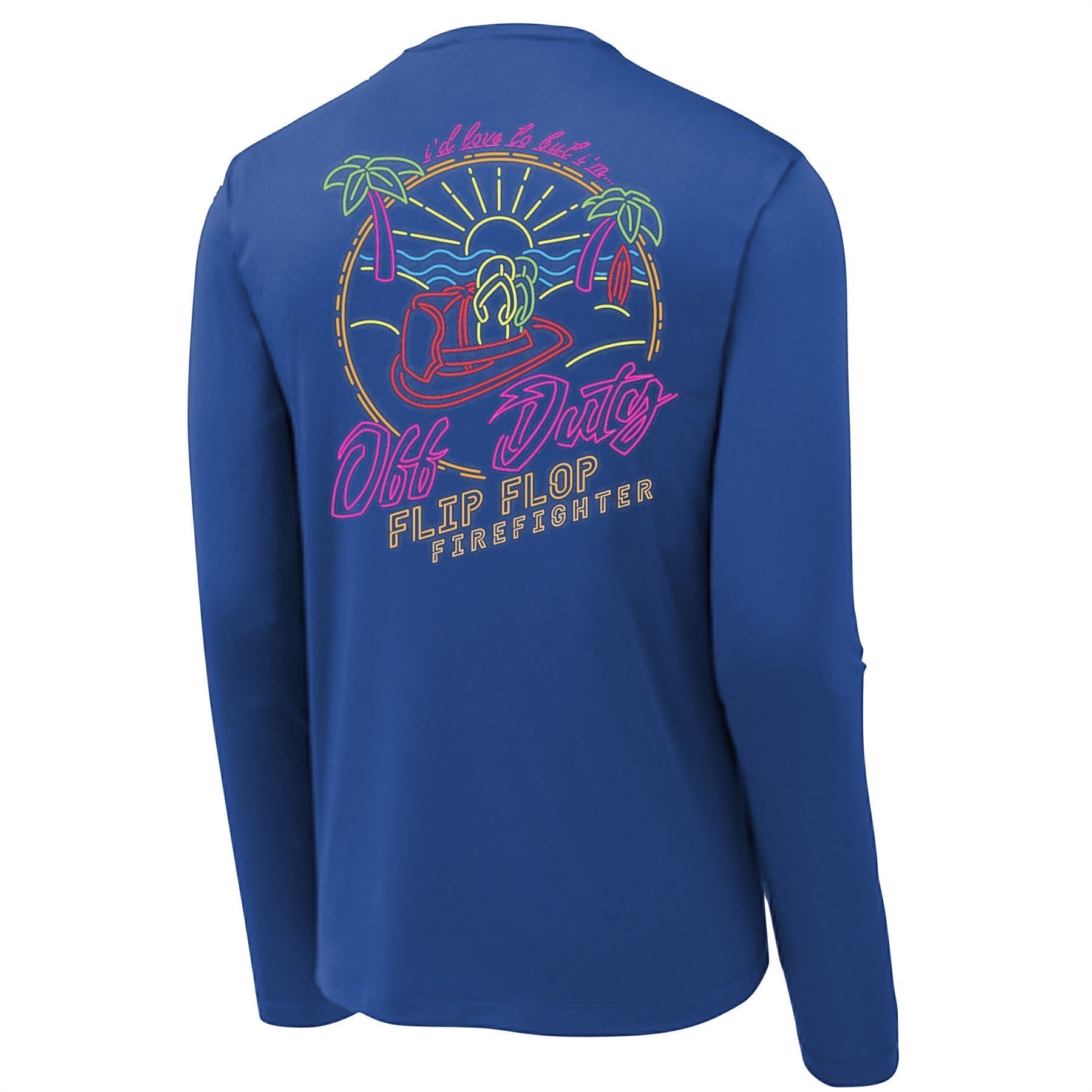 Flip Flop Firefighter blue long sleeve shirt with neon-style Off Duty graphic on the back featuring palm trees