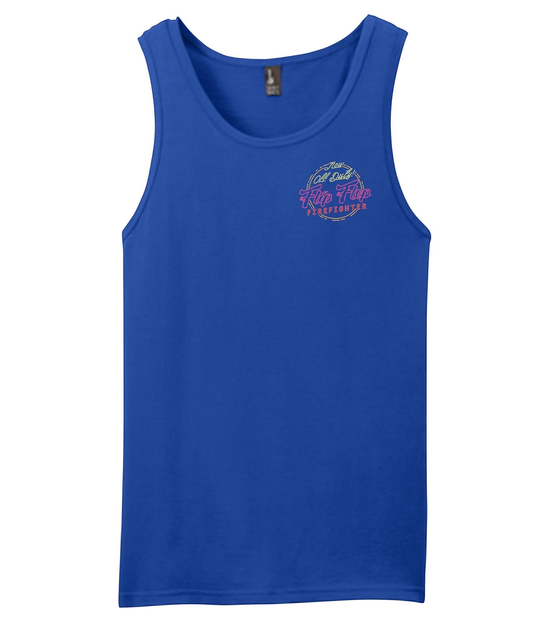 Flip Flop Firefighter blue tank top with a small neon sign graphic on the chest for a casual firefighter style.