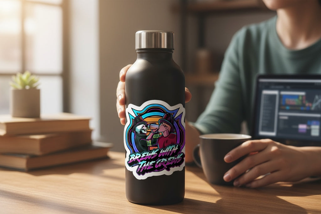 Flip Flop Firefighter Brews With The Crews sticker on a black water bottle held by a person at a desk.