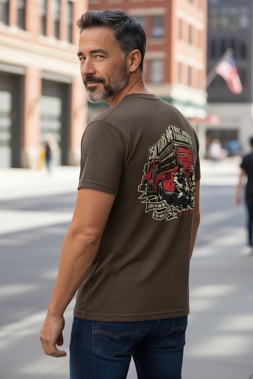 Flip Flop Firefighter brown t-shirt with vintage distressed American firefighting graphic on back, worn by a man.
