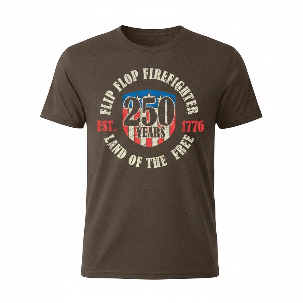 Flip Flop Firefighter brown crew neck t-shirt with distressed 250 years American firefighting graphic print