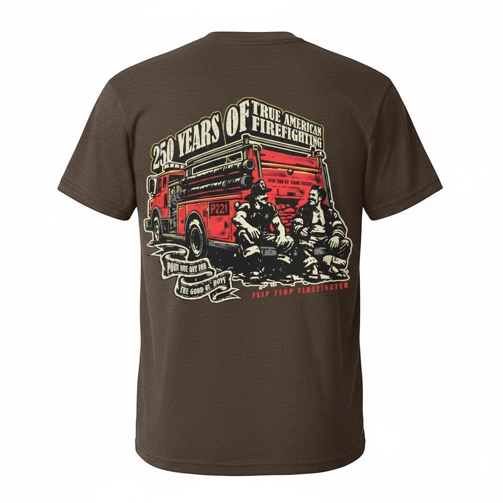 Flip Flop Firefighter brown t-shirt featuring a vintage distressed graphic of a fire truck and two firefighters.