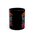 Flip Flop Firefighter Catchin' Sunsets ceramic coffee mug with vibrant tropical graphic print on black background