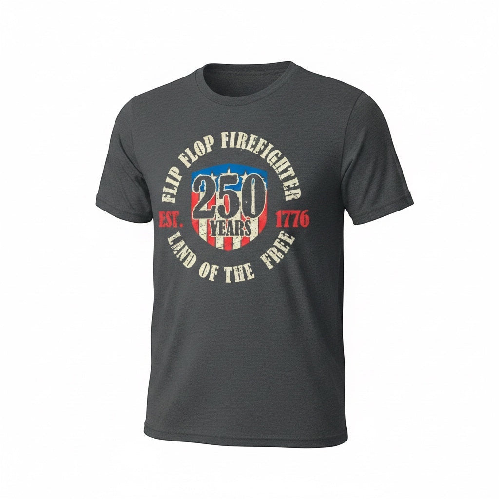 Flip Flop Firefighter charcoal grey graphic t-shirt featuring a vintage 250 years American firefighting design.