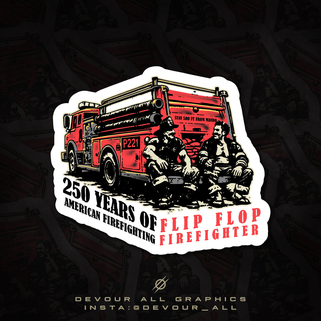 Flip Flop Firefighter sticker featuring a red fire truck and two firefighters sitting in front of it.