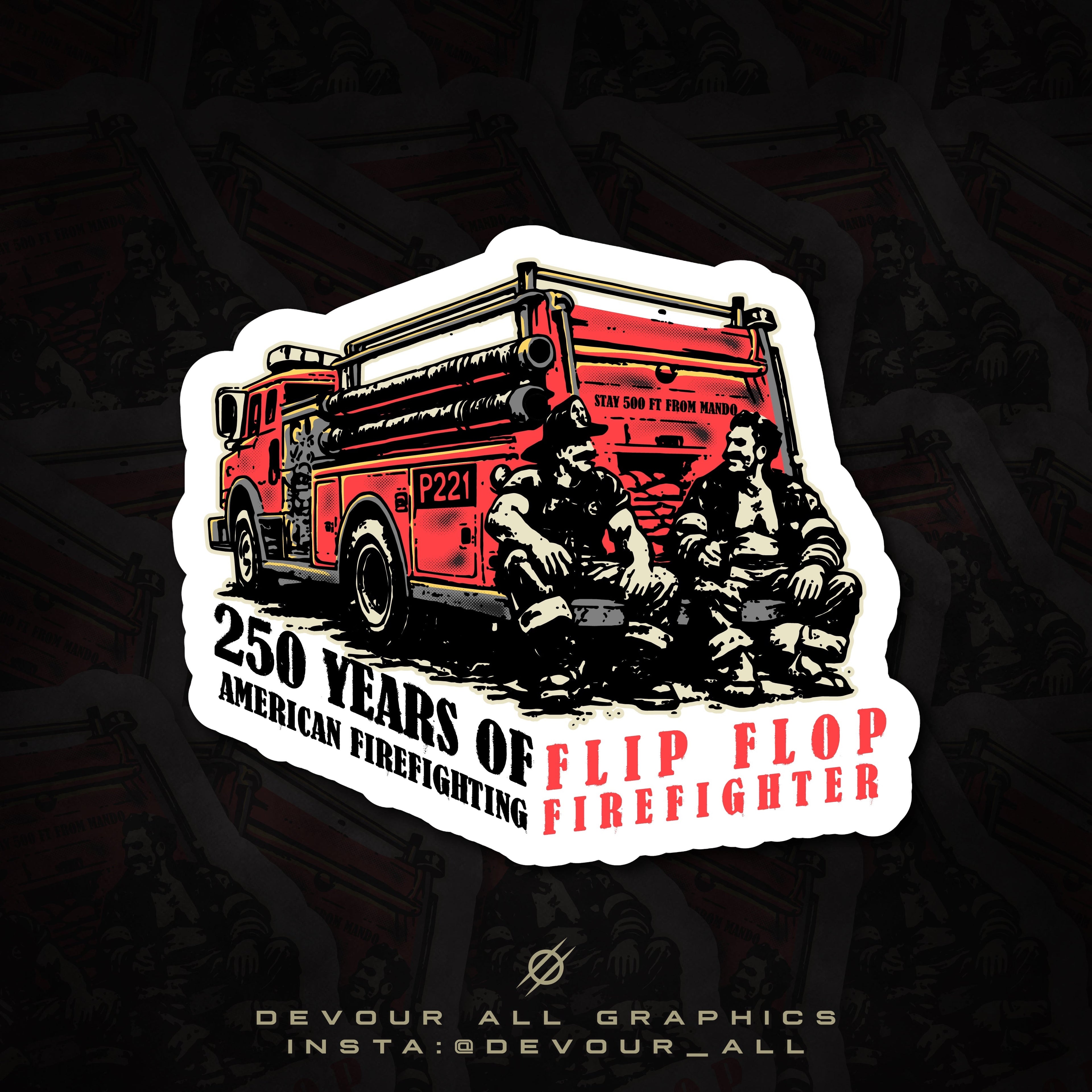 Flip Flop Firefighter sticker featuring a red fire truck and two firefighters sitting in front of it.