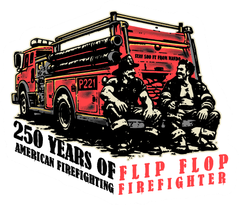 Flip Flop Firefighter Good Ol Boys sticker featuring two firefighters sitting by a red fire truck