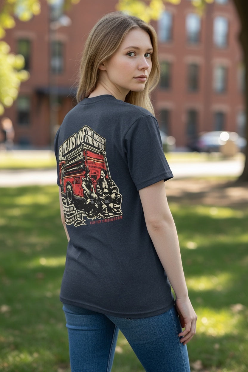 Flip Flop Firefighter charcoal grey t-shirt with vintage distressed American firefighting graphic on the back