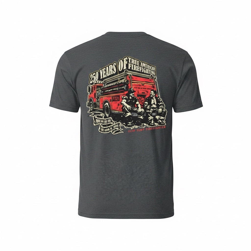 Flip Flop Firefighter charcoal grey t-shirt featuring a vintage distressed graphic of firefighters and a fire truck.