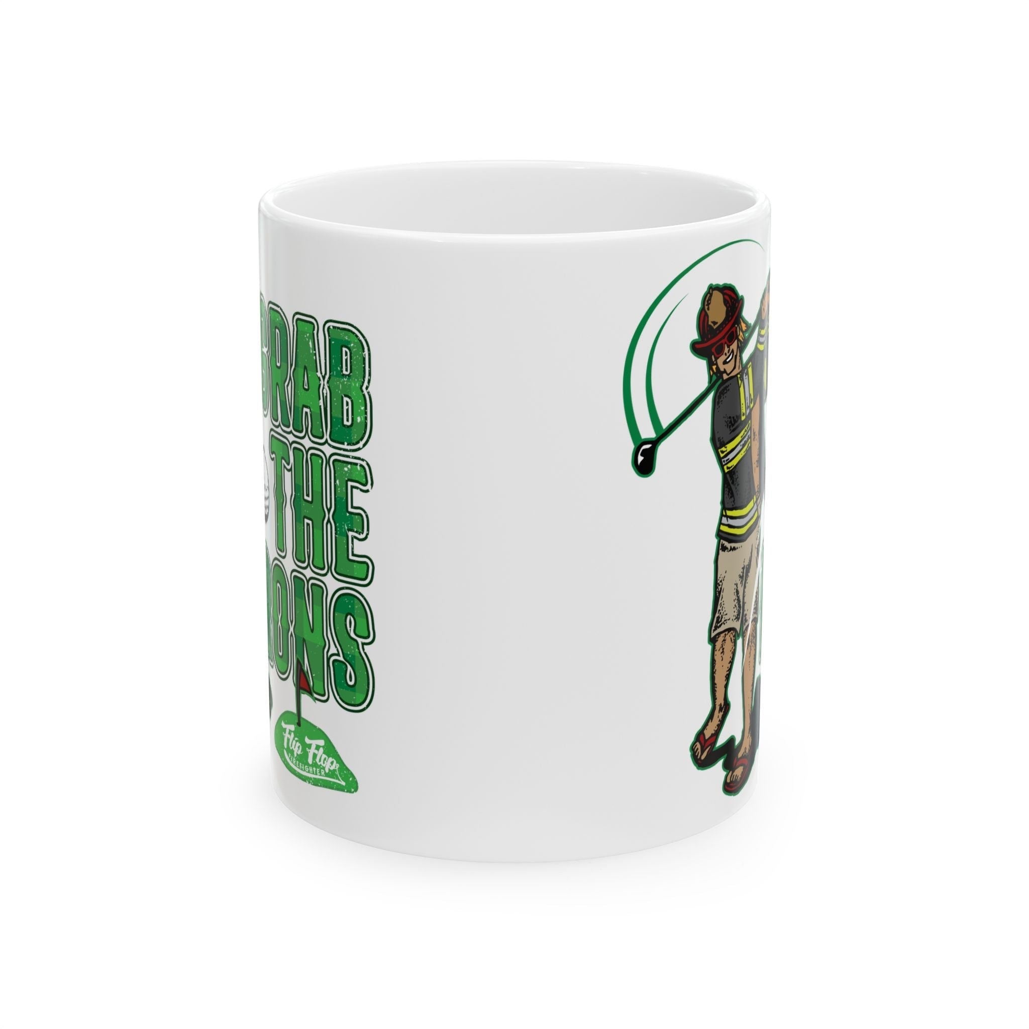 Flip Flop Firefighter white ceramic coffee mug featuring a golfer graphic and Grab The Irons text.