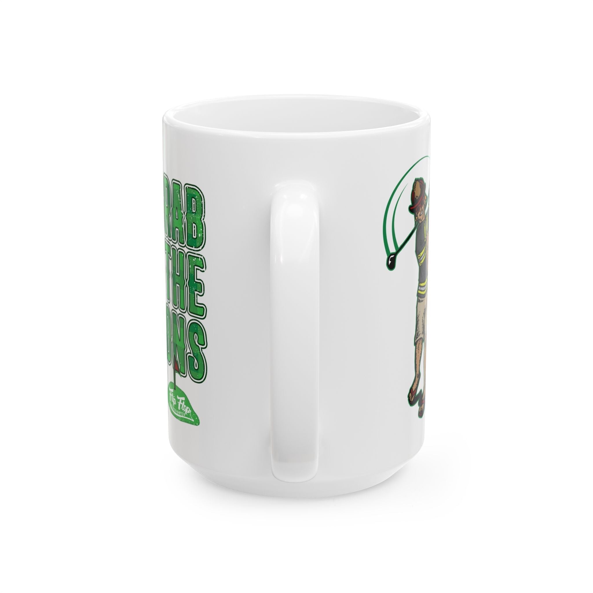Flip Flop Firefighter white ceramic coffee mug with Grab The Irons golf graphic and comfortable C-handle