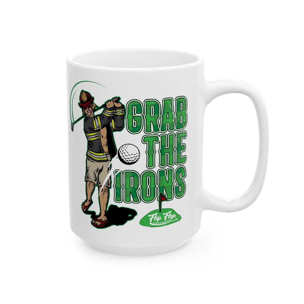 Flip Flop Firefighter white ceramic coffee mug featuring a firefighter golfing graphic and Grab The Irons text.