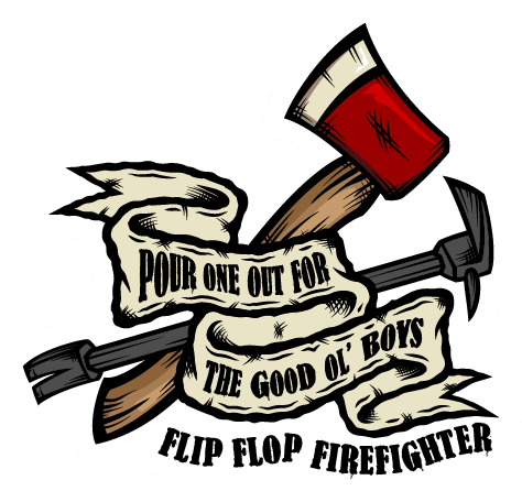 Flip Flop Firefighter Good Ol Boys sticker featuring a red axe, halligan tool, and vintage ribbon banner design.