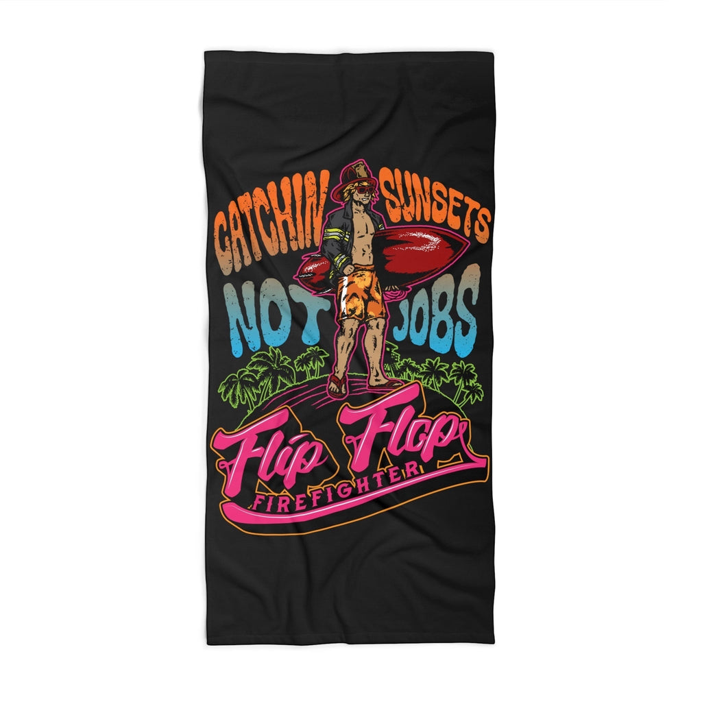 Flip Flop Firefighter beach towel featuring a vibrant graphic of a surfer with neon orange, blue, and pink text.