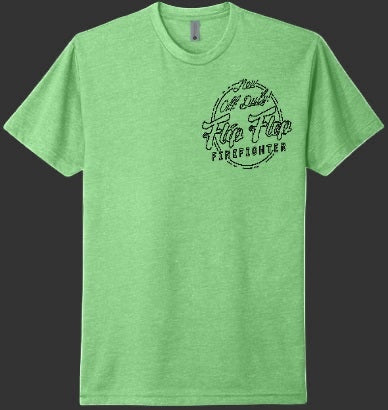 Flip Flop Firefighter light green crew neck t-shirt with a black circular logo on the left chest