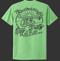 Flip Flop Firefighter lime green t-shirt with black beach-themed graphic print on the back