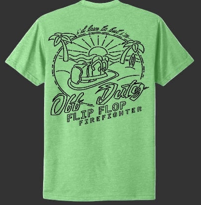 Flip Flop Firefighter lime green t-shirt with black beach-themed graphic print on the back