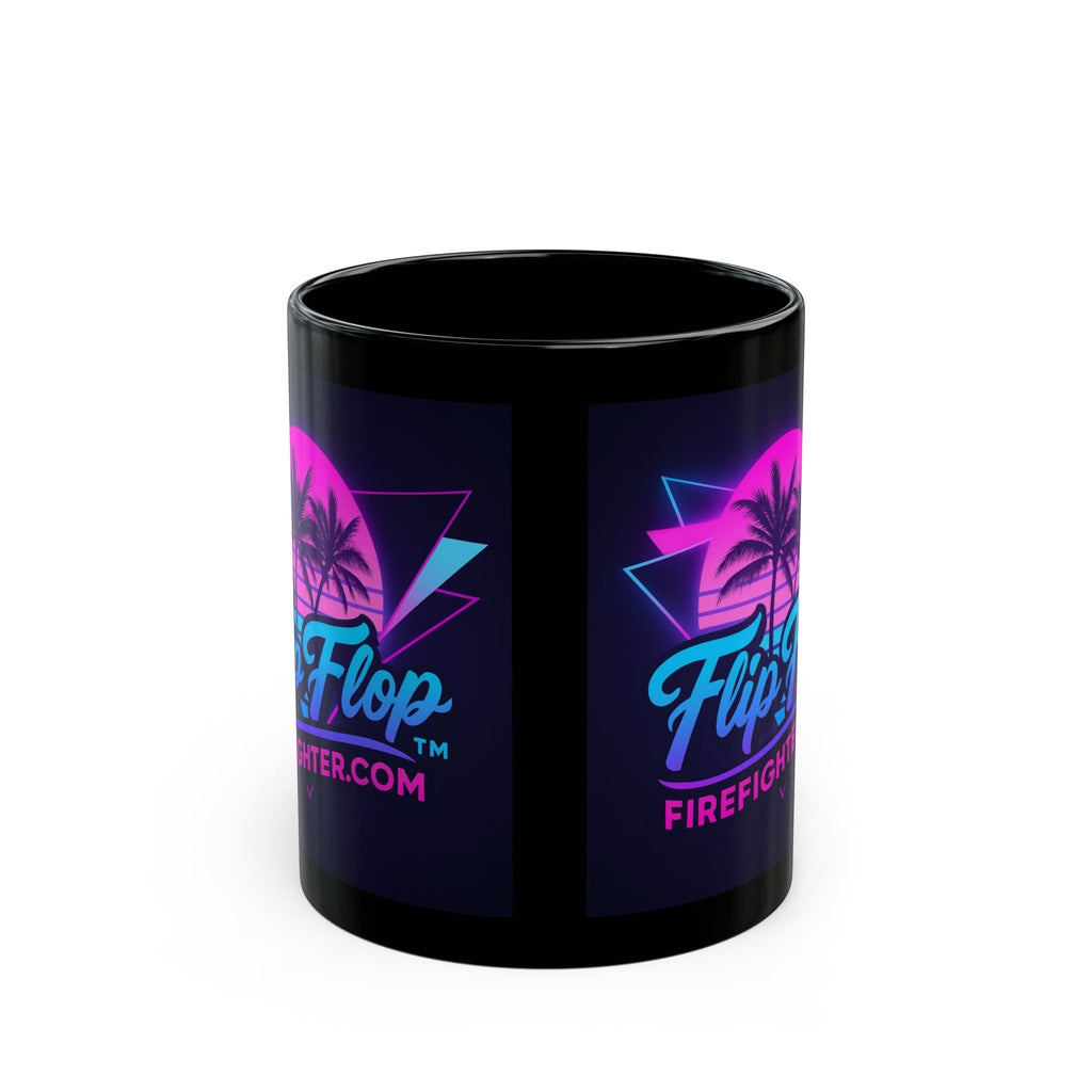 Flip Flop Firefighter black ceramic mug with vibrant neon Miami retro palm tree print and easy-grip handle.