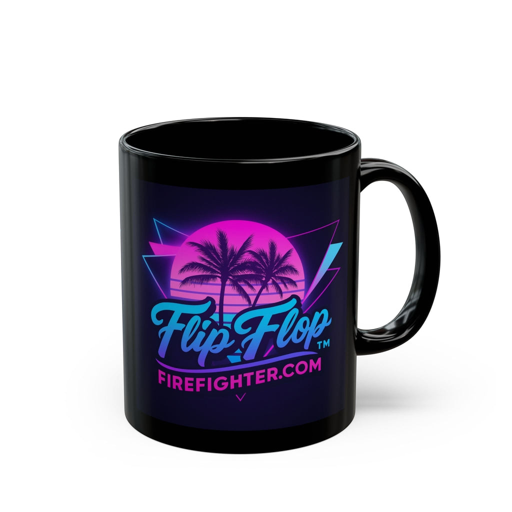 Flip Flop Firefighter black ceramic coffee mug featuring a vibrant neon Miami retro palm tree sunset graphic design.