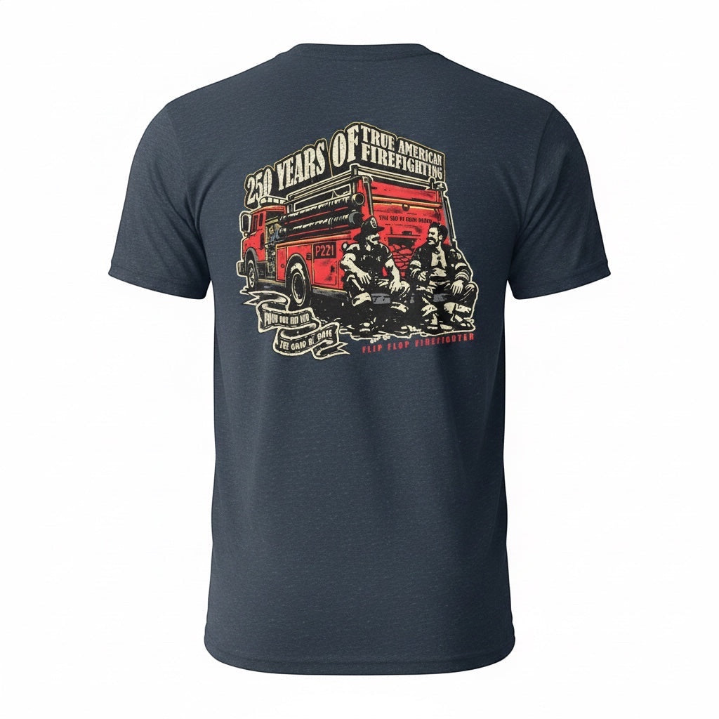 Flip Flop Firefighter navy blue graphic t-shirt featuring a vintage distressed fire truck and firefighters design.