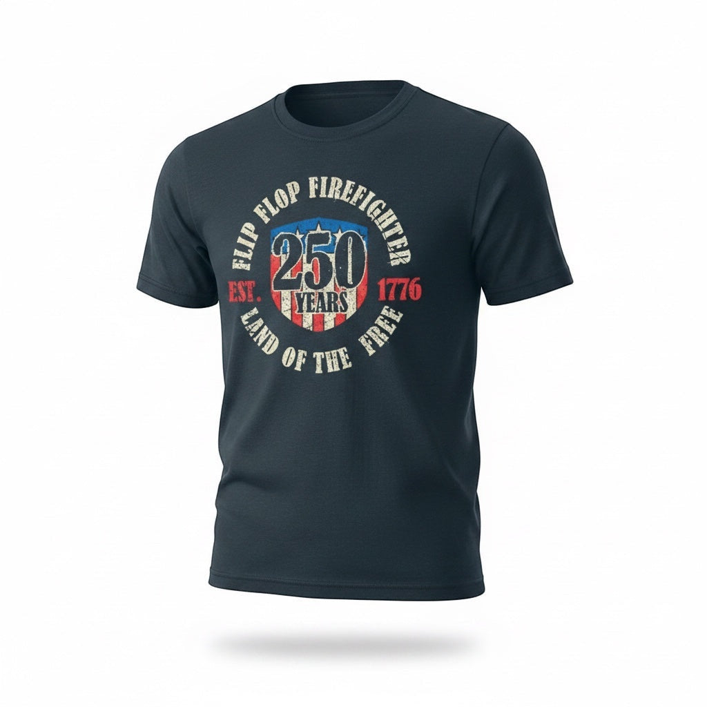 Flip Flop Firefighter navy blue graphic t-shirt with distressed 250 years American flag shield design