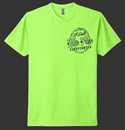 Flip Flop Firefighter neon green short sleeve crew neck t-shirt with a black logo graphic on the chest
