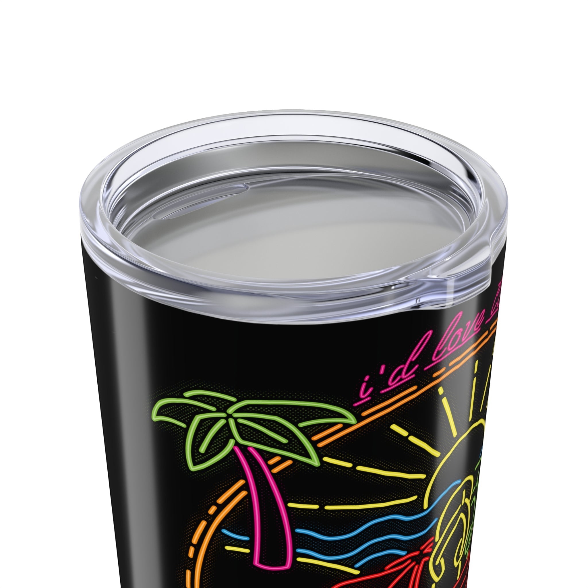 Flip Flop Firefighter 20oz stainless steel tumbler with neon tropical palm tree and sun artwork and clear lid