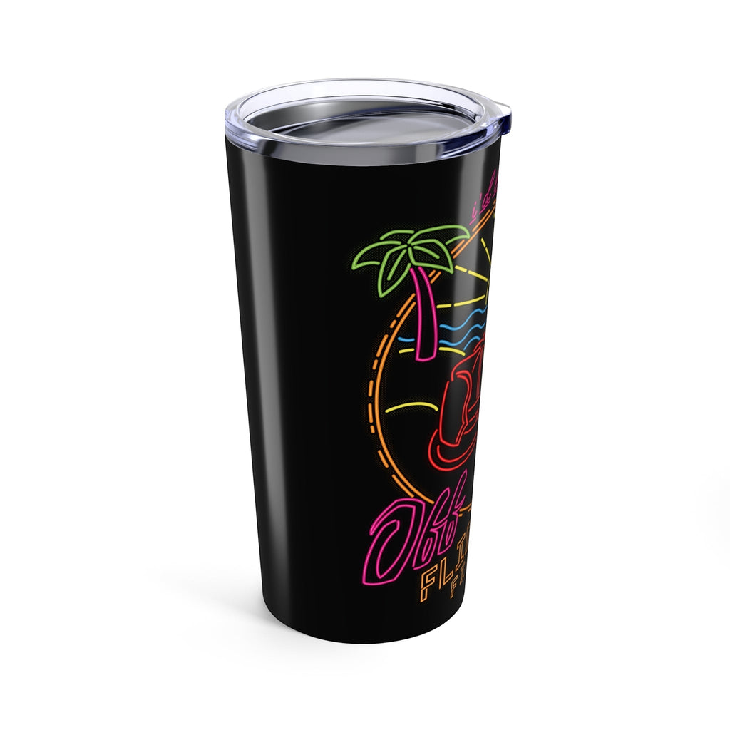 Flip Flop Firefighter 20oz stainless steel tumbler with neon-style palm tree and beach artwork on black background