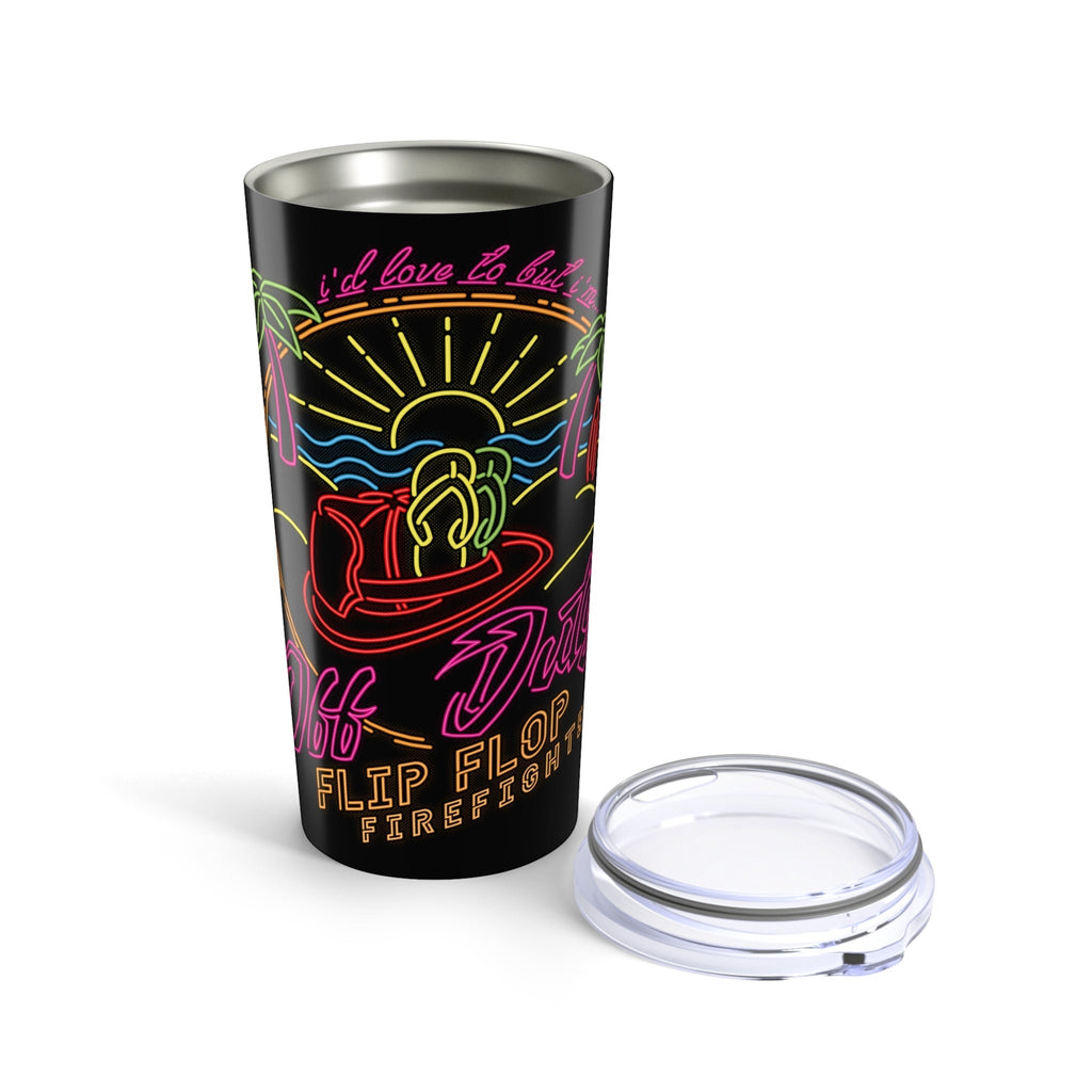 Flip Flop Firefighter 20oz stainless steel tumbler with neon-style tropical artwork and a clear push-on lid