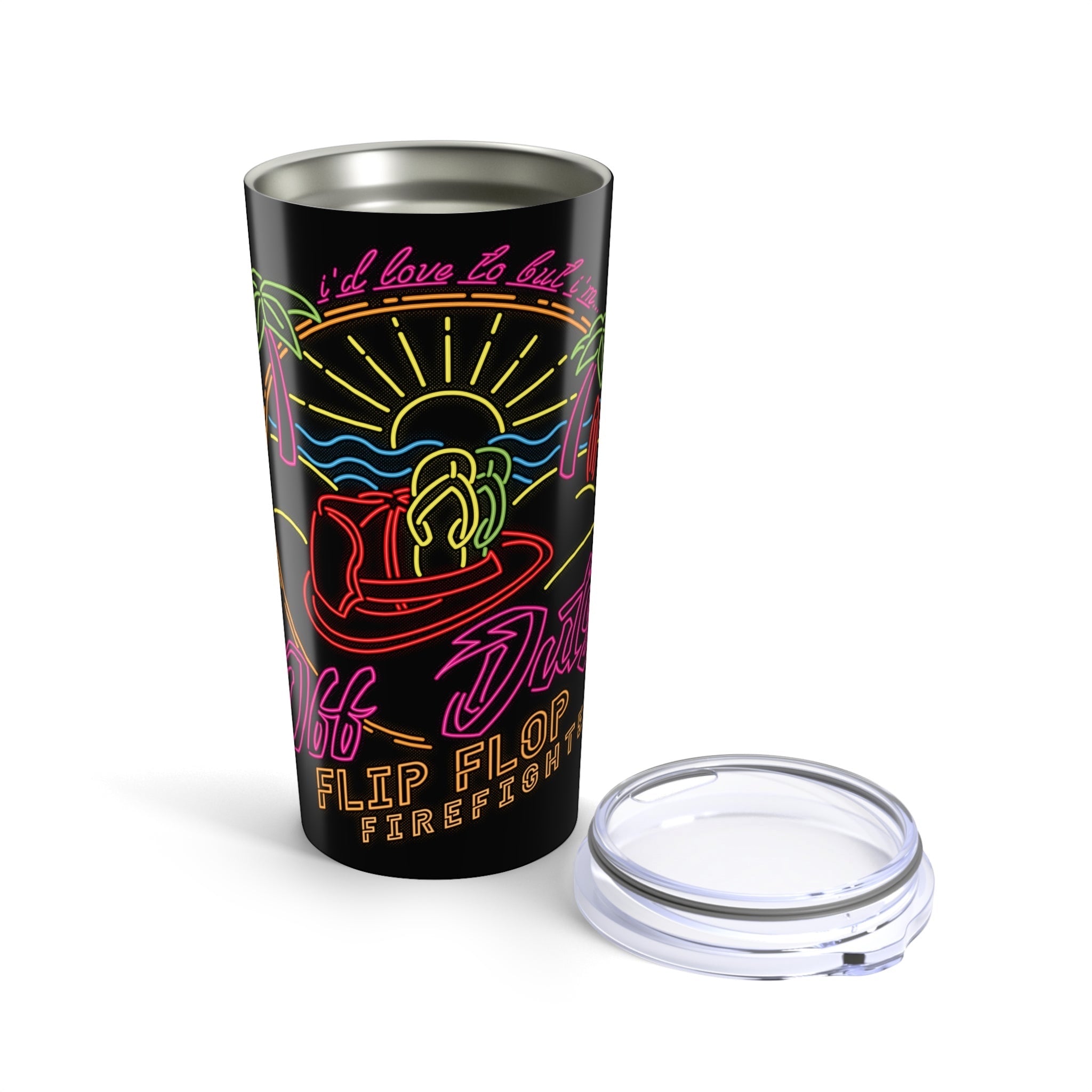 Flip Flop Firefighter 20oz stainless steel tumbler with neon-style tropical artwork and a clear push-on lid