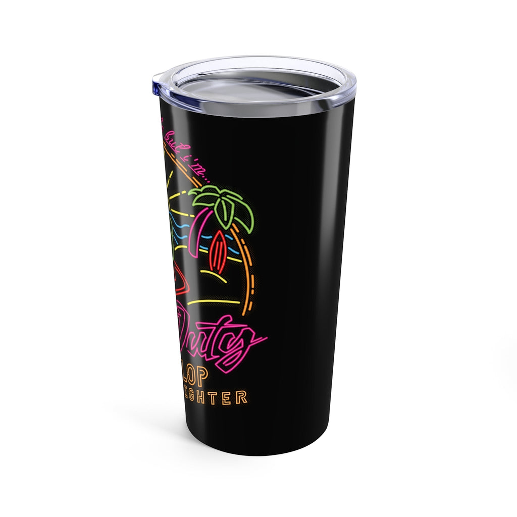 Flip Flop Firefighter 20oz stainless steel tumbler with a black finish and vibrant neon tropical palm tree artwork.