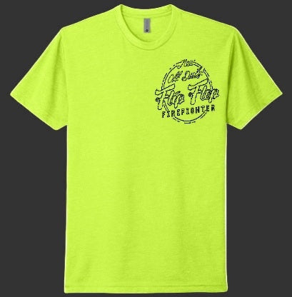 Flip Flop Firefighter neon yellow crew neck t-shirt with black circular logo graphic on the chest