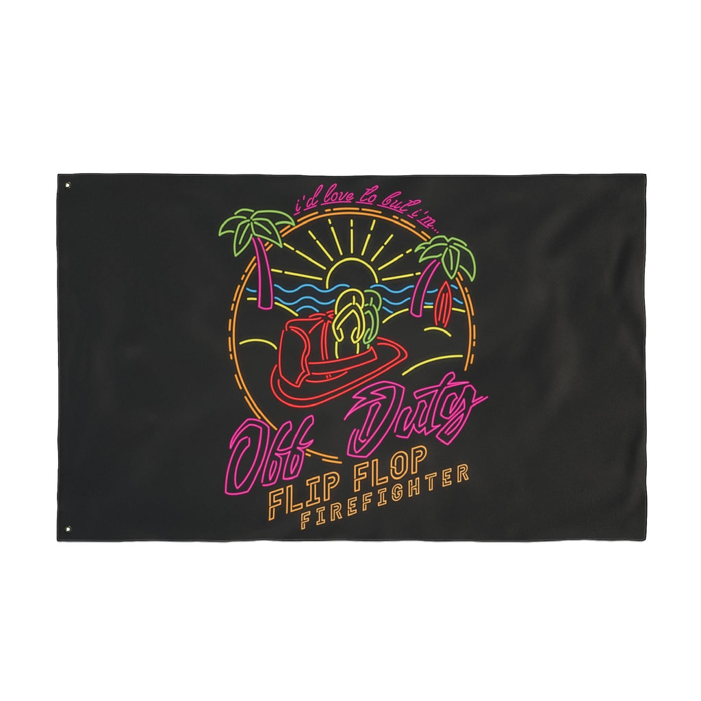 Flip Flop Firefighter Off Duty flag with neon-style tropical beach graphic, palm trees, and firefighter helmet.