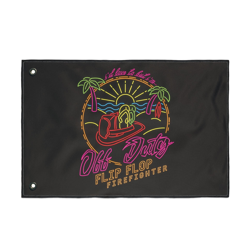 Flip Flop Firefighter Off Duty polyester flag with neon-style beach graphic and reinforced metal grommets