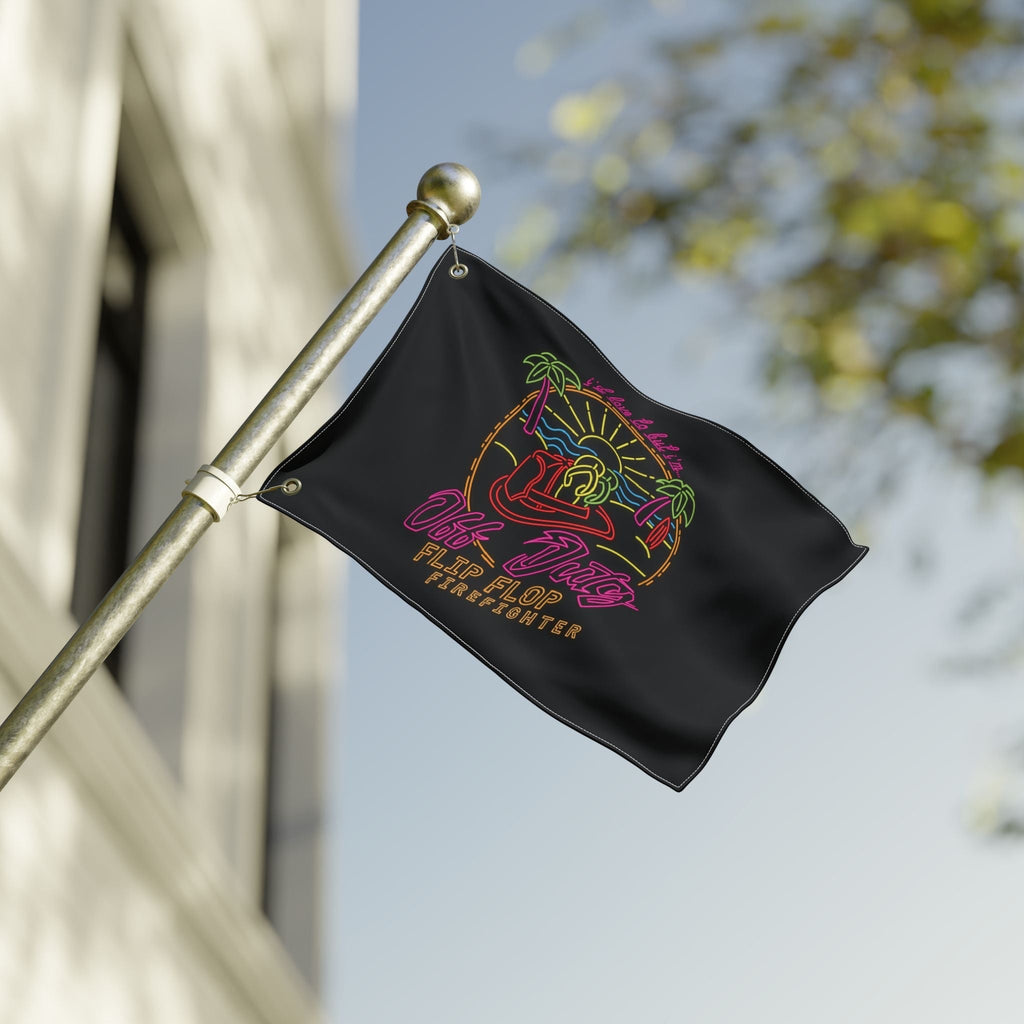 Flip Flop Firefighter Off Duty flag with neon-style tropical design on black polyester fabric with metal grommets.