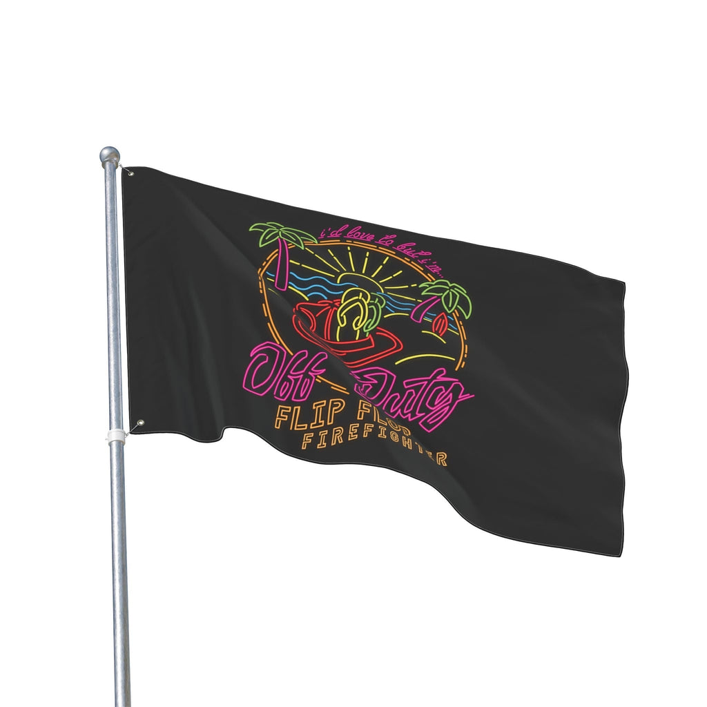 Flip Flop Firefighter Off Duty polyester flag with neon-style tropical beach graphic and metal grommets