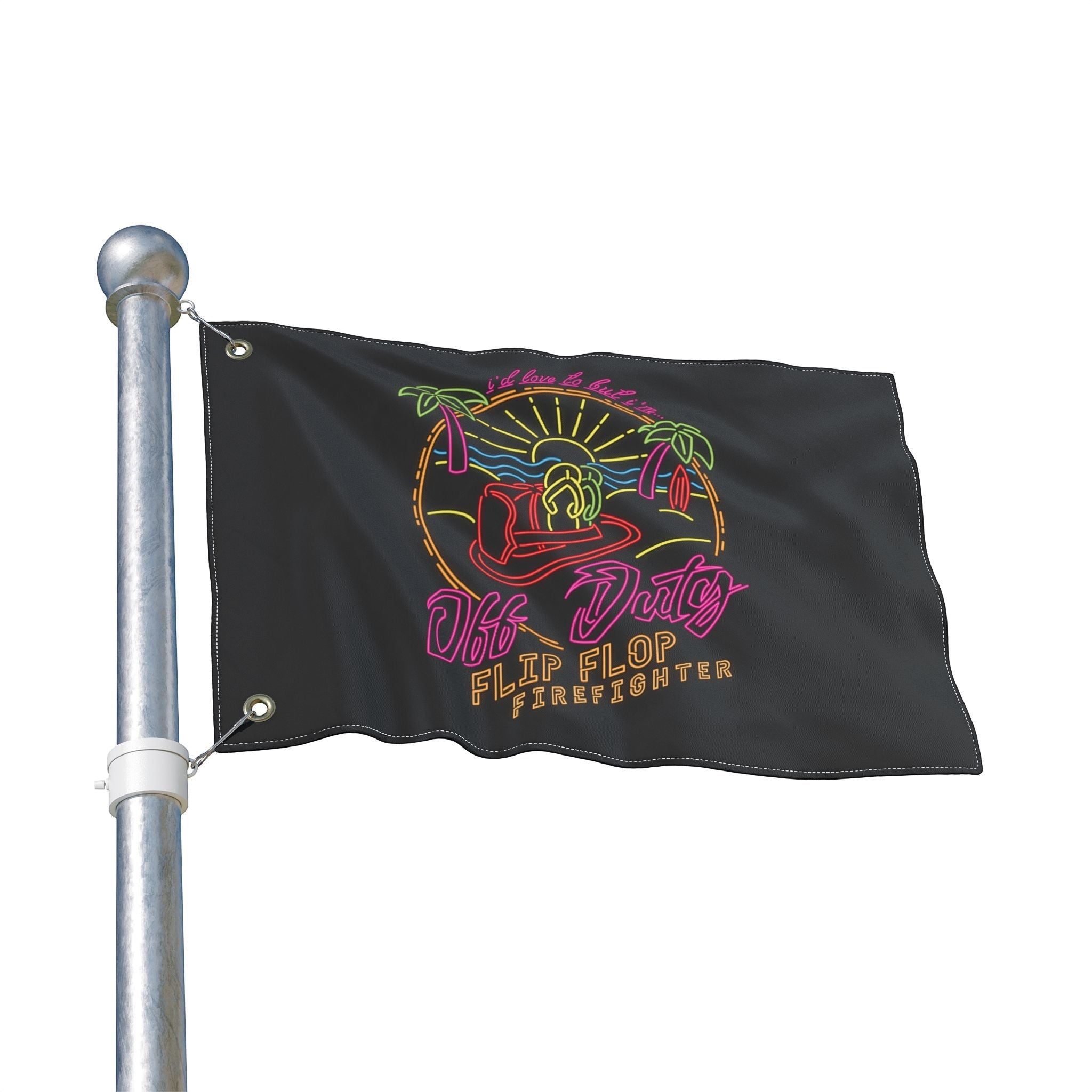 Flip Flop Firefighter Off Duty flag with neon-style beach graphic on black polyester fabric with metal grommets