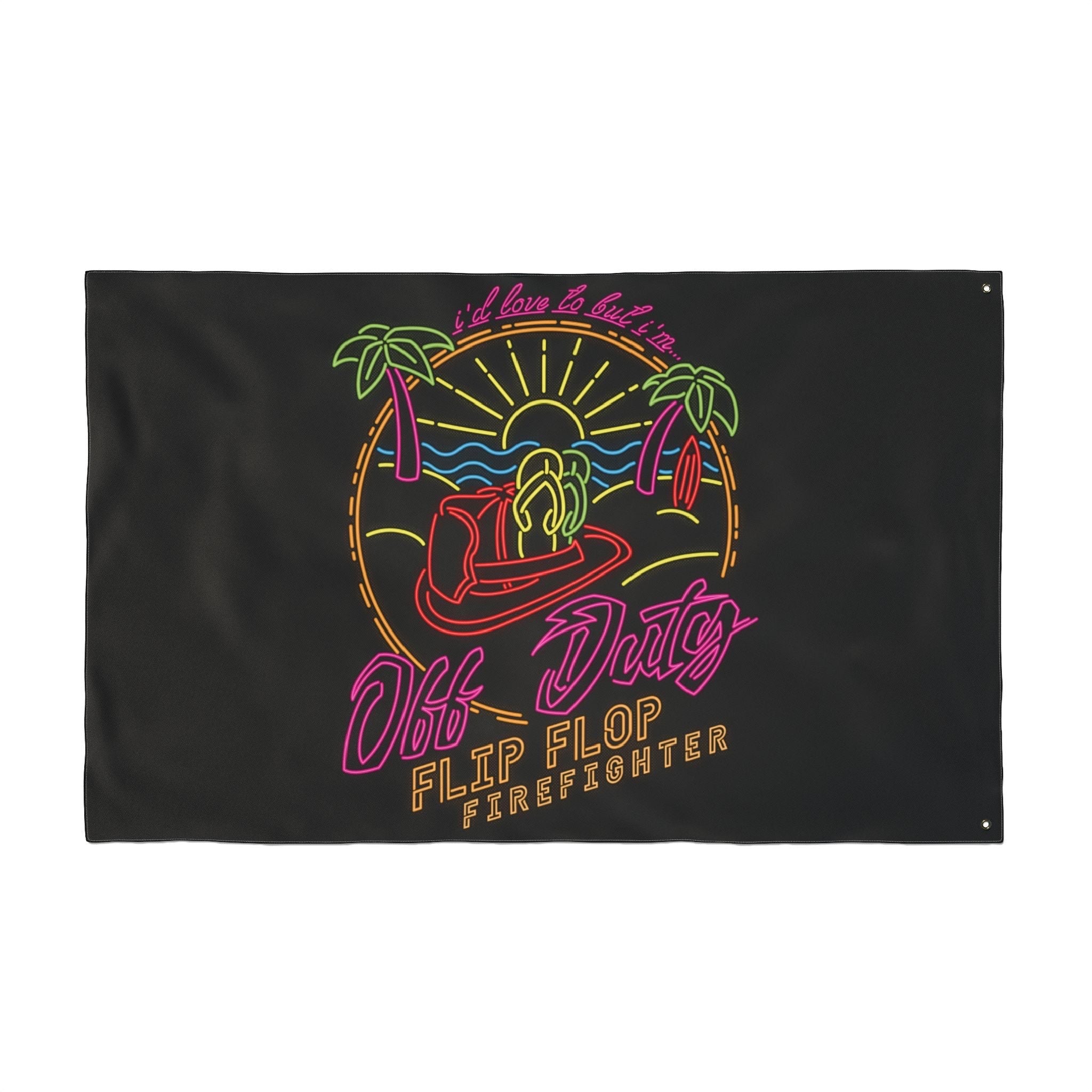 Flip Flop Firefighter Off Duty flag with neon-style tropical beach graphic on black polyester fabric